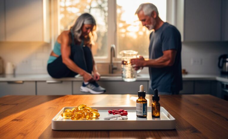 Illustration von Menschen ab 50 mit Energieeinbrüchen und ausgewählten Nahrungsergänzungsmitteln wie Vitamin D, B12, Magnesium, Omega‑3 und Coenzym Q10