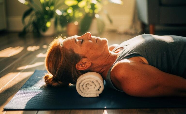 Illustration von einem älteren Erwachsenen, der mit einer Handtuchrolle unter der Schädelbasis liegt und durch verlängertes Ausatmen Nackenverspannungen in Minuten löst