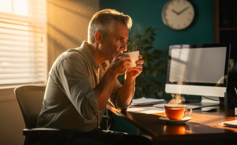 Illustration von einem Menschen um die 40 im Nachmittagsloch am Schreibtisch, der mit einer Tasse Tee neue Energie findet