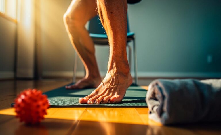 Illustration von [einer Person über 40, die barfuß Gleichgewichtsübungen und Fußgymnastik zur Stärkung der Fußmuskeln und Verbesserung der Balance ausführt]