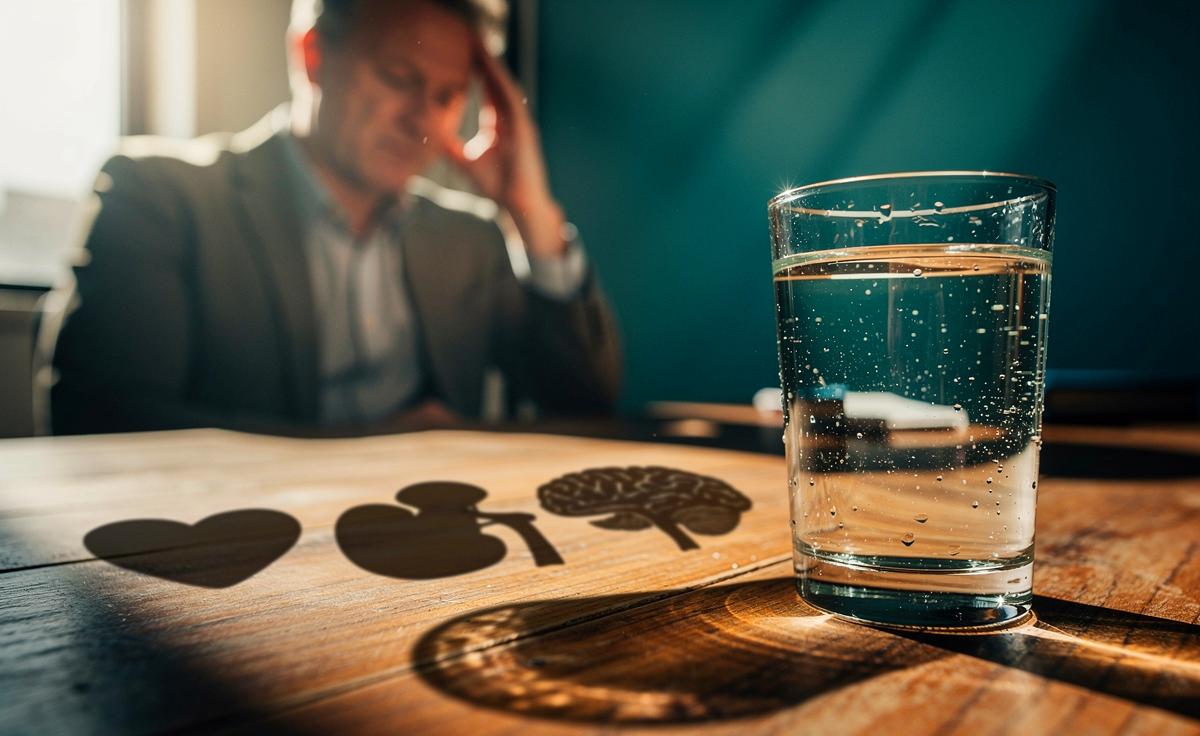 Illustration von einem Wasserglas neben einem Kalender mit der Zahl 40 und Icons für Herz, Niere und Gehirn, die die Risiken eines vermeintlich geringeren Wasserbedarfs ab 40 verdeutlichen