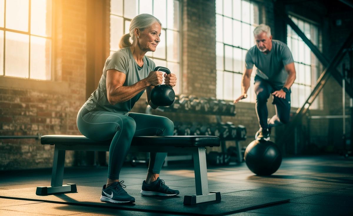 Illustration von älteren Erwachsenen ab 60 beim Kraft-, Explosiv- und Balancetraining mit Kurzhanteln und Medizinball zur Erhaltung der Muskulatur und Alltagssicherheit