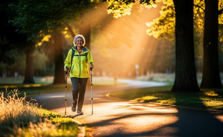 Illustration von [einer Person über 60 beim täglichen Spaziergang in der Natur zur Förderung des Wohlbefindens]