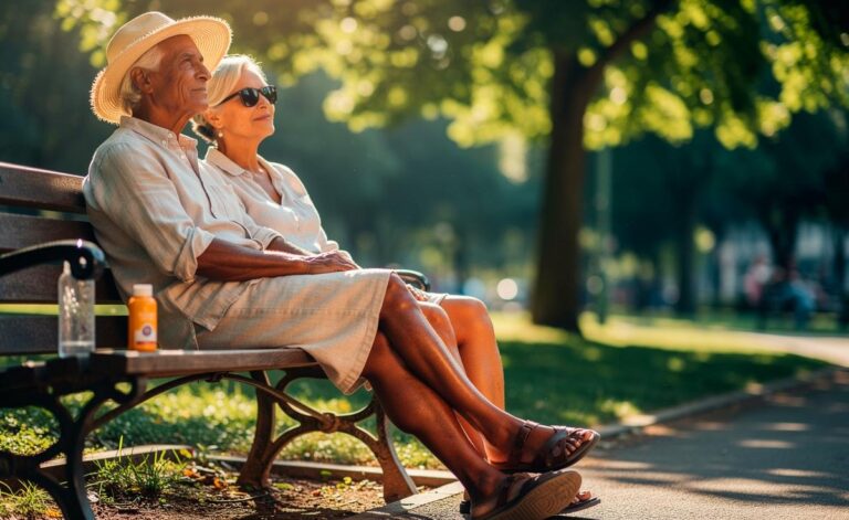 Illustration von einer Seniorin und einem Senior beim kurzen, sicheren Sonnenbad zur Unterstützung der Vitamin-D-Produktion