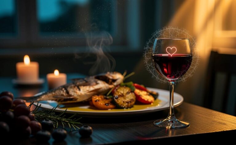 Illustration von einem kleinen Glas Rotwein am Abend und seinem positiven Einfluss auf das Herz-Kreislauf-System