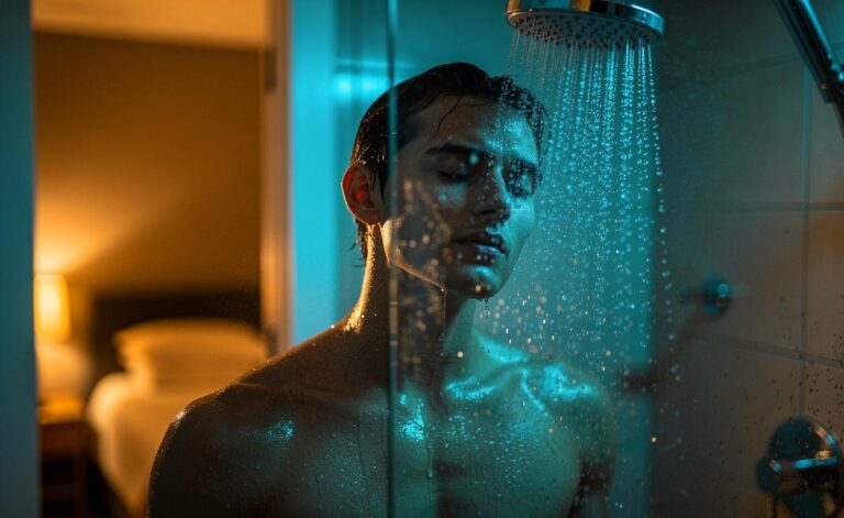 Illustration von einer abendlichen kalten Dusche, die die Durchblutung fördert und gesunden Schlaf unterstützt