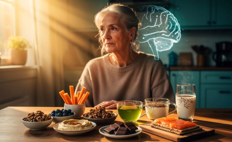 Illustration von Gehirn und gesunden Snacks, die das Gedächtnis ab 60 unterstützen