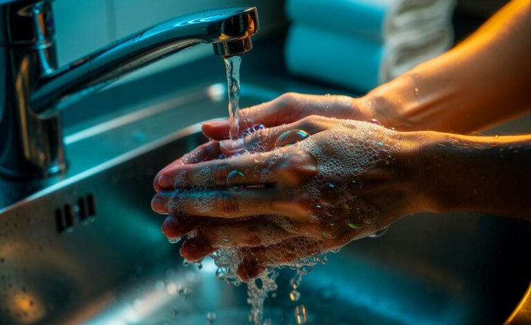 Illustration von gründlichem Händewaschen mit kaltem Wasser und Seife, das bei richtiger Technik genauso wirksam ist wie warmes Wasser