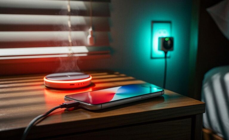 Illustration von einem Smartphone, das nachts am Ladegerät hängt, mit hohem Ladezustand und Wärmeentwicklung, neben einer Alternative mit 80 %-Ladebegrenzung und zeitgesteuertem Laden