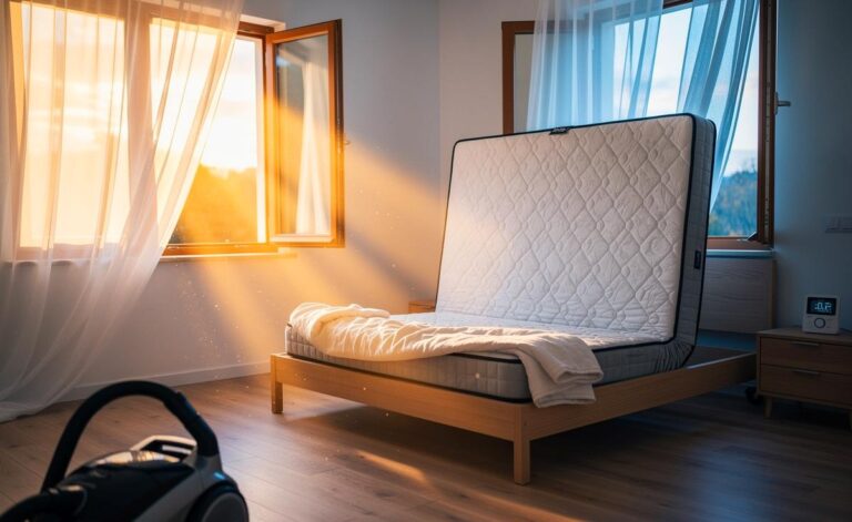 Illustration von einer aufgestellten Matratze beim Querlüften im Schlafzimmer mit geöffneten Fenstern, Sonneneinstrahlung und Hygrometer zur Verringerung von Hausstaubmilben im 10‑Tage‑Rhythmus