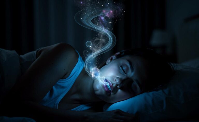 Illustration von einer Person, die friedlich schläft, während ein sanfter, rhythmischer Atemstrom in Form eines bläulichen Lichtbandes von ihr ausgeht und sich mit den Schlafphasen synchronisiert.