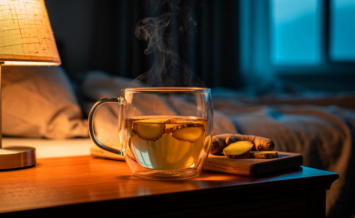 Illustration von lauwarmem Ingwerwasser am Abend zur sanften Anregung der Verdauung und Förderung des Schlafs