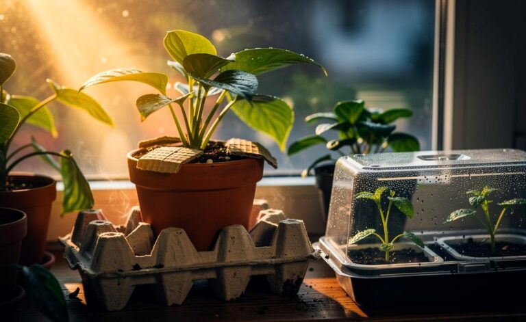 Illustration von einem Eierkarton als Wachstumshelfer für Zimmerpflanzen durch Mikroklima- und Feuchtigkeitssteuerung