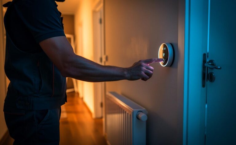 Illustration von [einem Heizungsprofi, der um 22:00 Uhr die Raumtemperatur absenkt, um Heizenergie und Kosten zu sparen]