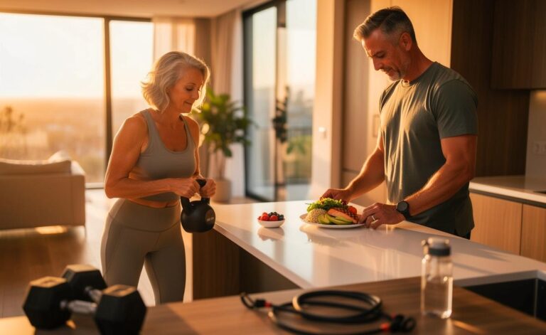 Illustration von Menschen über 50, die Kraft- und Ausdauertraining mit einer proteinreichen, ballaststoffreichen Ernährung verbinden