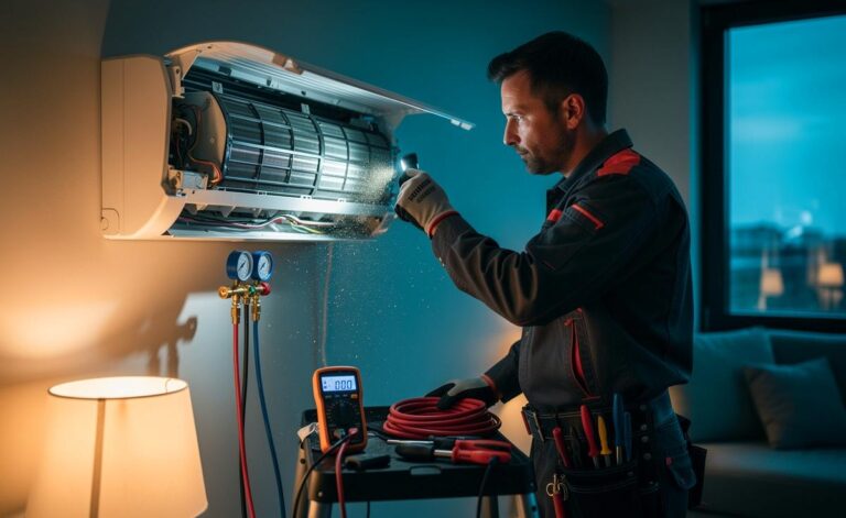 Illustration von einem Elektriker, der nach dem Sommer ein Klimagerät für mehr Effizienz gründlich überprüft