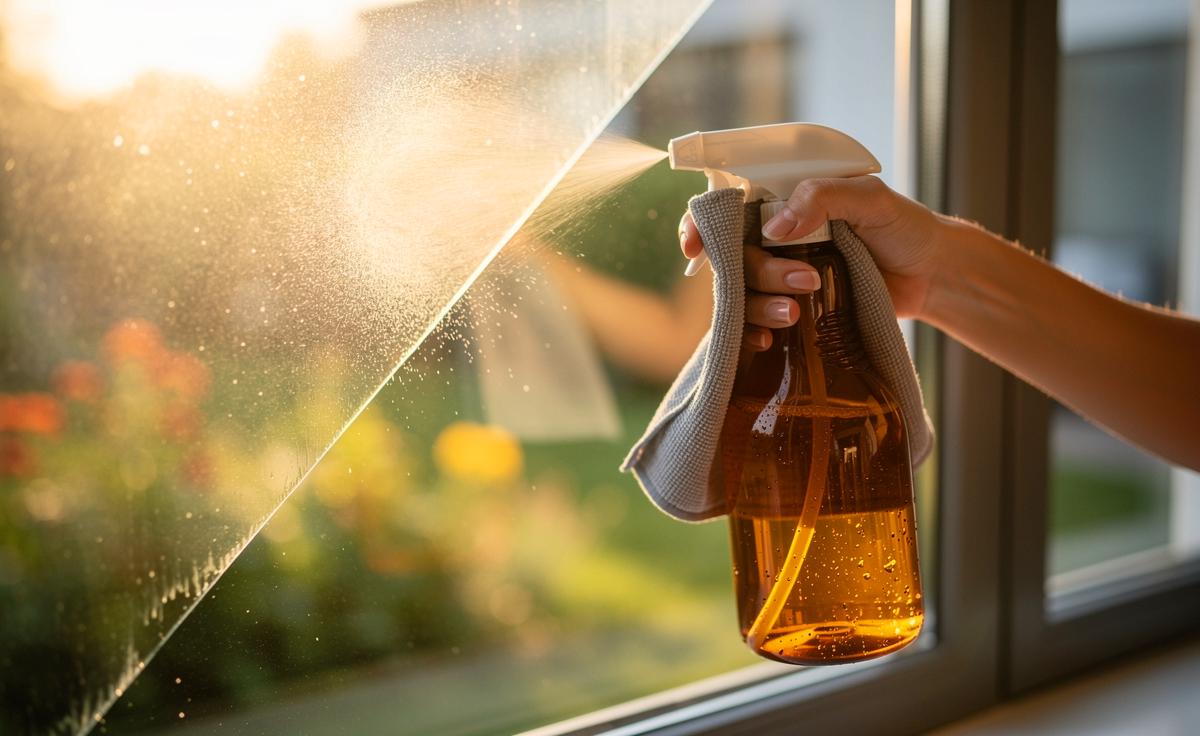 Illustration von einem Essig-Wasser-Mix zur streifenfreien Fensterreinigung als Ersatz für Glasreiniger-Sprays