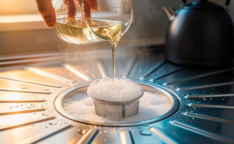 Illustration von einem Backpulver-Essig-Mix, der einen verstopften Küchenabfluss im Siphon durch CO₂-Bläschen natürlich ohne Chemie frei macht