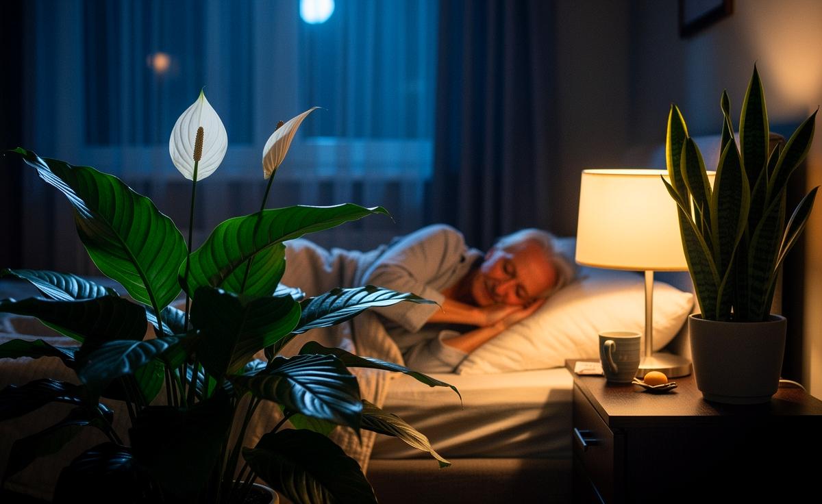 Illustration von einer lebendigen Zimmerpflanze im Schlafzimmer eines Seniors, die die Schlafqualität verbessert