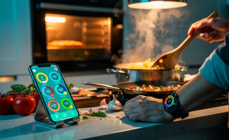 Illustration von [einem Smartphone mit Timer-App auf der Küchenarbeitsplatte zwischen Topf und Zutaten, das mehrere Kochzeiten und Benachrichtigungen für parallel laufende Kochschritte anzeigt]