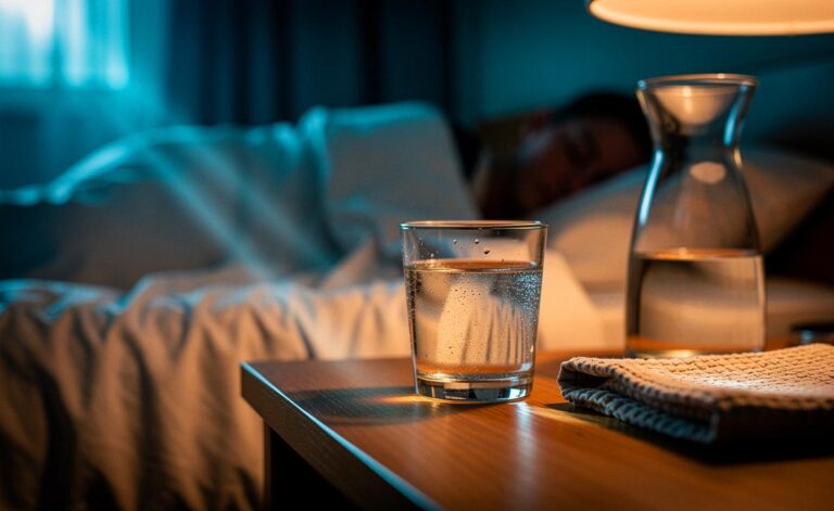 Illustration von stillem kohlensäurefreiem Wasser neben dem Bett zur nächtlichen Hydration, bevorzugt von Experten