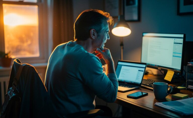 Illustration von einem plötzlichen Ziehen im Nacken bei Menschen ab 40 durch Haltung, Bildschirmarbeit und Stress