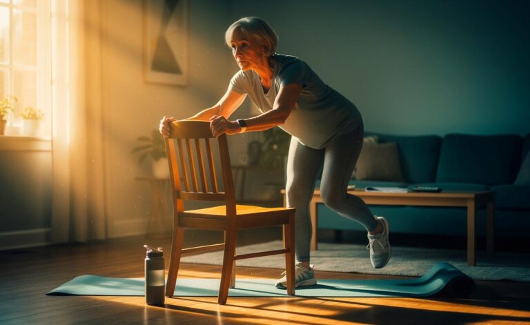 Illustration von [Seniorinnen und Senioren ab 60, die mit kurzen, einfachen Bewegungsroutinen trotz Alltagshürden eine beständige Gewohnheit aufbauen]