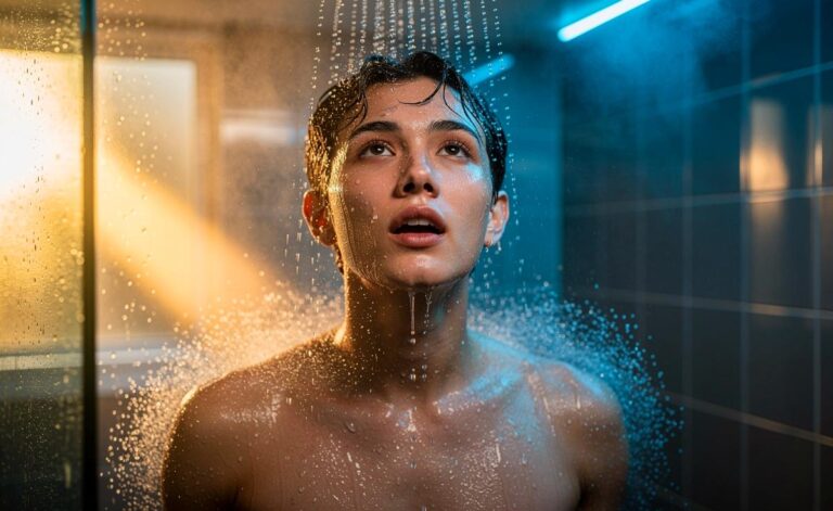 Illustration von einer kalten Dusche zur Stärkung der Abwehrkräfte und für mehr Energie