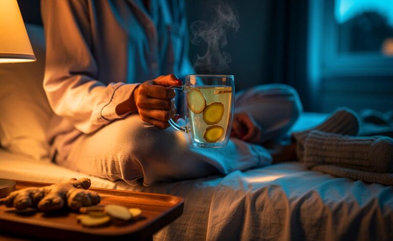 Illustration von lauwarmem Ingwerwasser am Abend, das die Durchblutung sanft fördert und den Schlaf verbessert