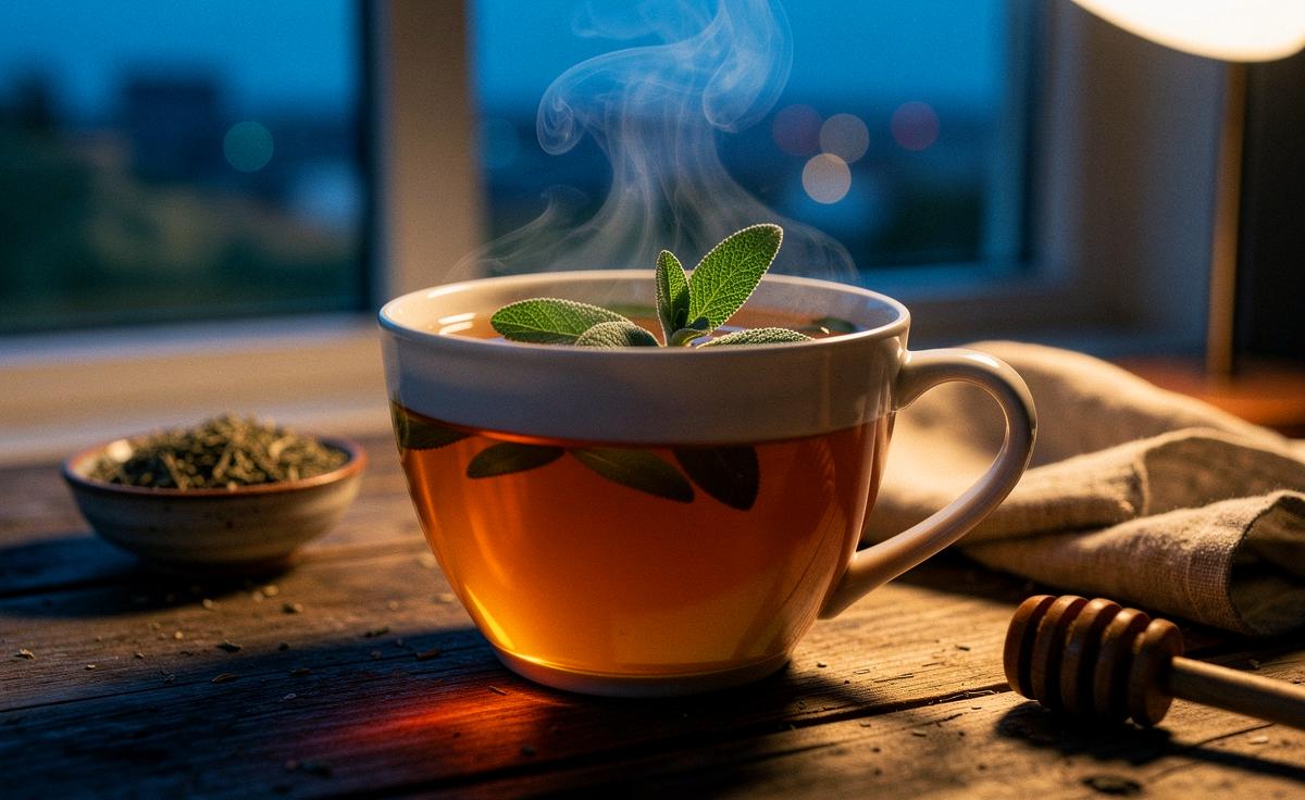 Illustration von einer Tasse lauwarmem Salbeitee am Abend zur sanften Verdauungsanregung und Beruhigung