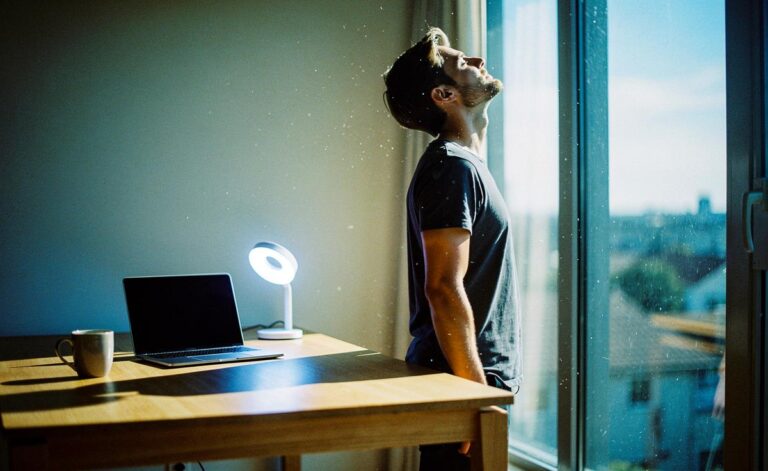 Illustration von kurzen Lichtpausen mit Tageslicht im Büro als schlaffreundliche Alternative zu Kaffee bei leichter Müdigkeit