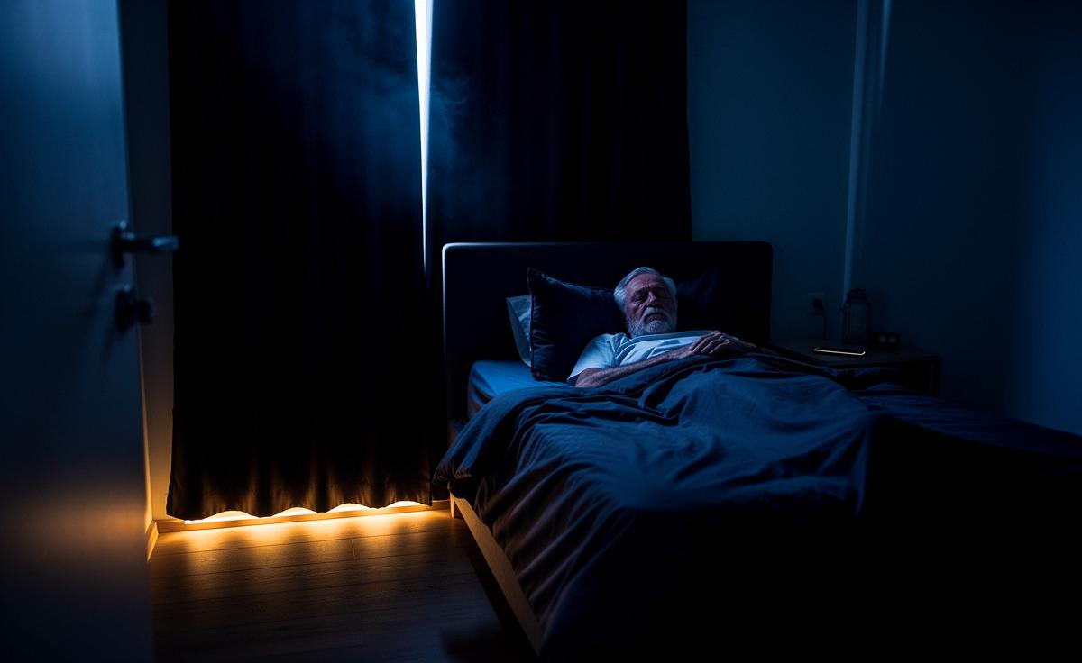 Illustration von Seniorinnen und Senioren in einem abgedunkelten Schlafzimmer, die nachts auf künstliche Lichtquellen verzichten, um besser zu schlafen