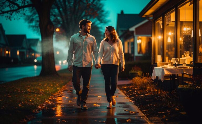 Illustration von einem Spaziergang nach dem Abendessen zur Förderung der Verdauung und des Wohlbefindens