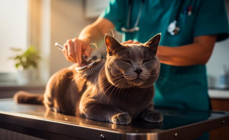 Illustration von einer Tierärztin, die eine Hauskatze regelmäßig und gründlich bürstet, um ein glänzendes Fell zu fördern