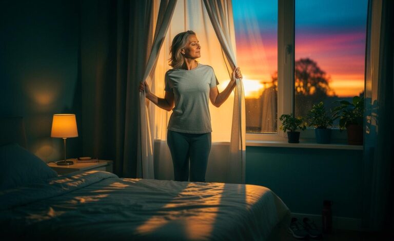 Illustration von Müdigkeit ab 50 und energiewirksamer zirkadianer Anpassung durch Morgenlicht, konstante Aufstehzeit und abendliche Lichtdämpfung