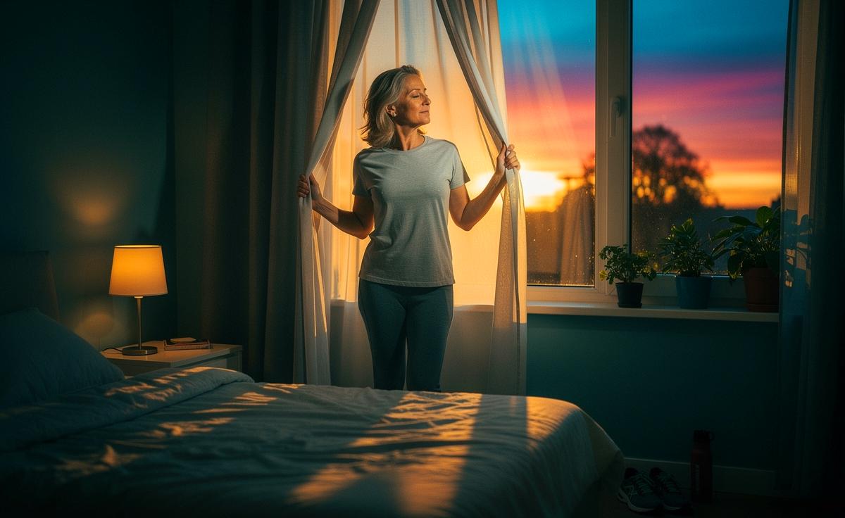 Illustration von Müdigkeit ab 50 und energiewirksamer zirkadianer Anpassung durch Morgenlicht, konstante Aufstehzeit und abendliche Lichtdämpfung