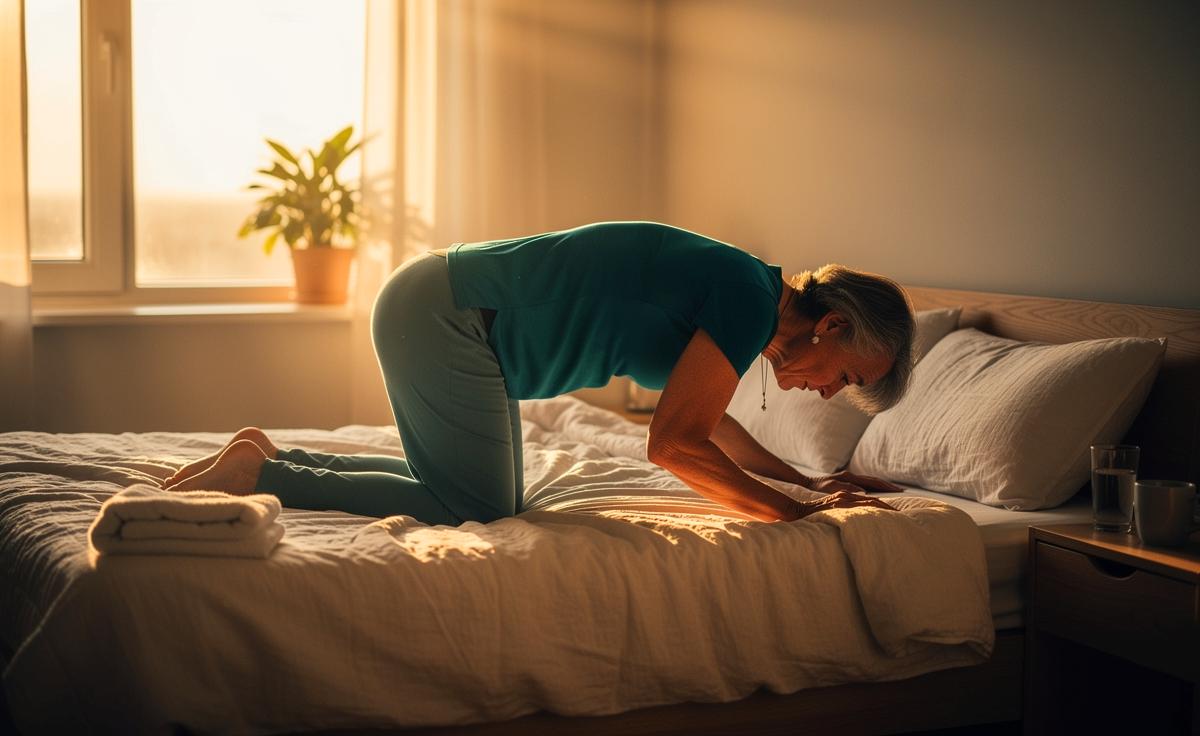 Illustration von einer über 60-jährigen Person, die morgens im Bett eine sanfte Rückenübung (Beckenkippung/Katzen-Kuh) gegen Steifheit ausführt; ein natürlicher Wachmacher statt Kaffee