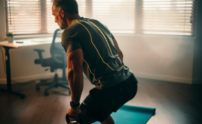 Illustration von einer Person ab 40, die mit Krafttraining, Alltagsbewegung und Regeneration ihre Wirbelsäule stärkt und Rückenschmerzen vorbeugt