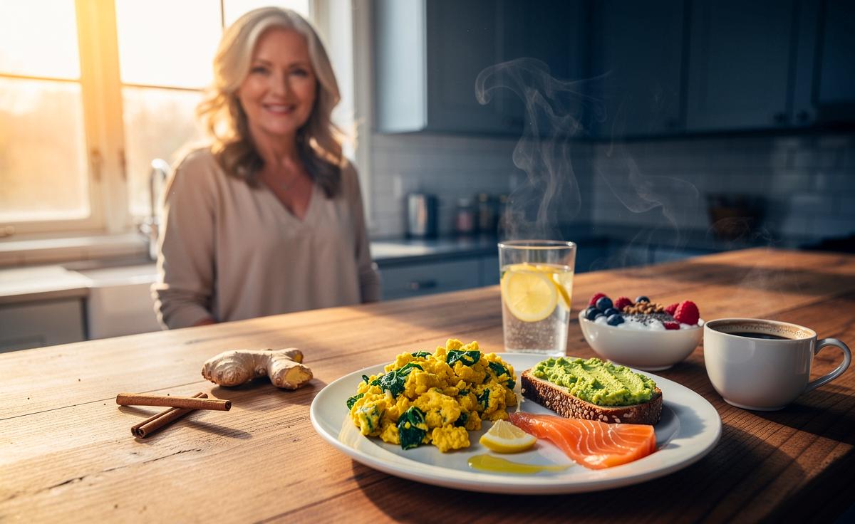 Illustration von einem ausgewogenen Frühstück für Menschen ab 50 zur natürlichen Aktivierung des Stoffwechsels
