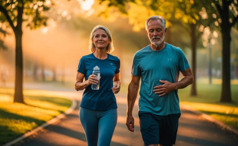 Illustration von Menschen ab 50 bei sanfter Bewegung, bewusster Atmung, kurzer Wechseldusche und Trinkwasser für einen starken Kreislauf und mehr Ausgeglichenheit