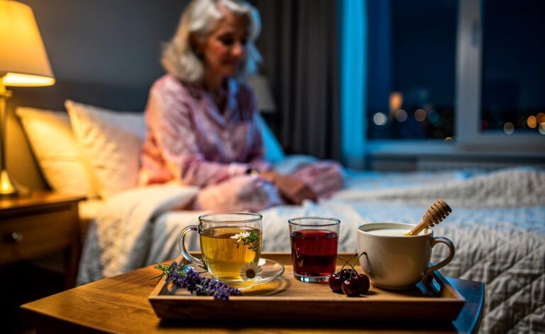 Illustration von abendlichen, koffeinfreien Getränken wie Kräutertee, warmer Milch und verdünntem Sauerkirschsaft für besseren Schlaf ab 60