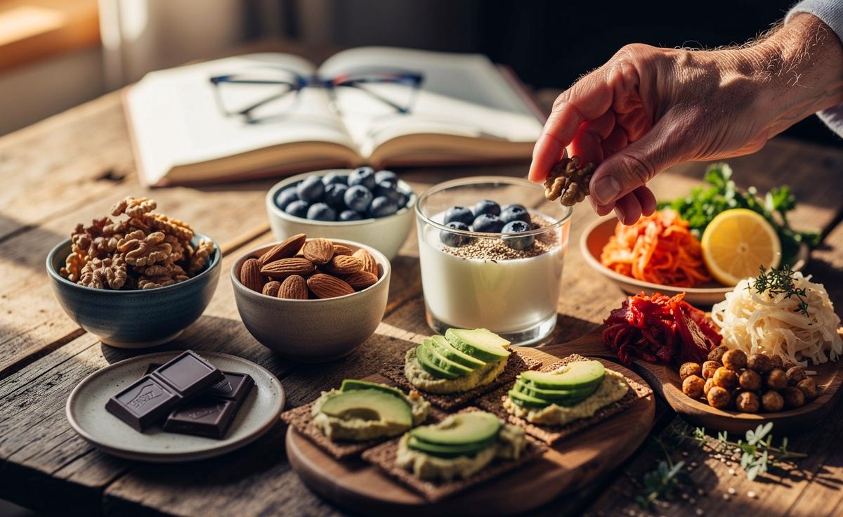 Illustration von Snacks für Menschen ab 60, die Herz und Kopf beleben: Walnüsse, Mandeln, Heidelbeeren, dunkle Schokolade, Naturjoghurt, Sauerkraut und Vollkornknäckebrot, arrangiert mit Hummus und frischem Gemüse