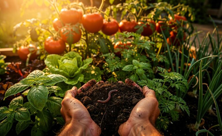 Illustration von einem üppigen, strukturiert bepflanzten Gemüsebeet mit gesunden Tomaten, Salat und Kräutern, das die Prinzipien von Mischkultur und Mulchschicht zeigt.