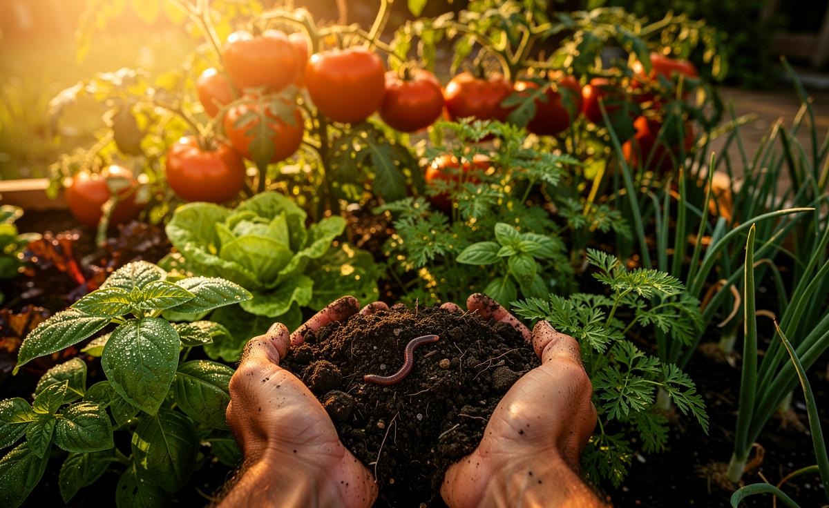 Illustration von einem üppigen, strukturiert bepflanzten Gemüsebeet mit gesunden Tomaten, Salat und Kräutern, das die Prinzipien von Mischkultur und Mulchschicht zeigt.
