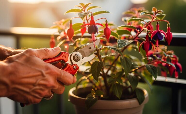 Illustration von Fuchsien beim fachgerechten Rückschnitt und Pinzieren für buschigen Wuchs und reiche Blütenpracht