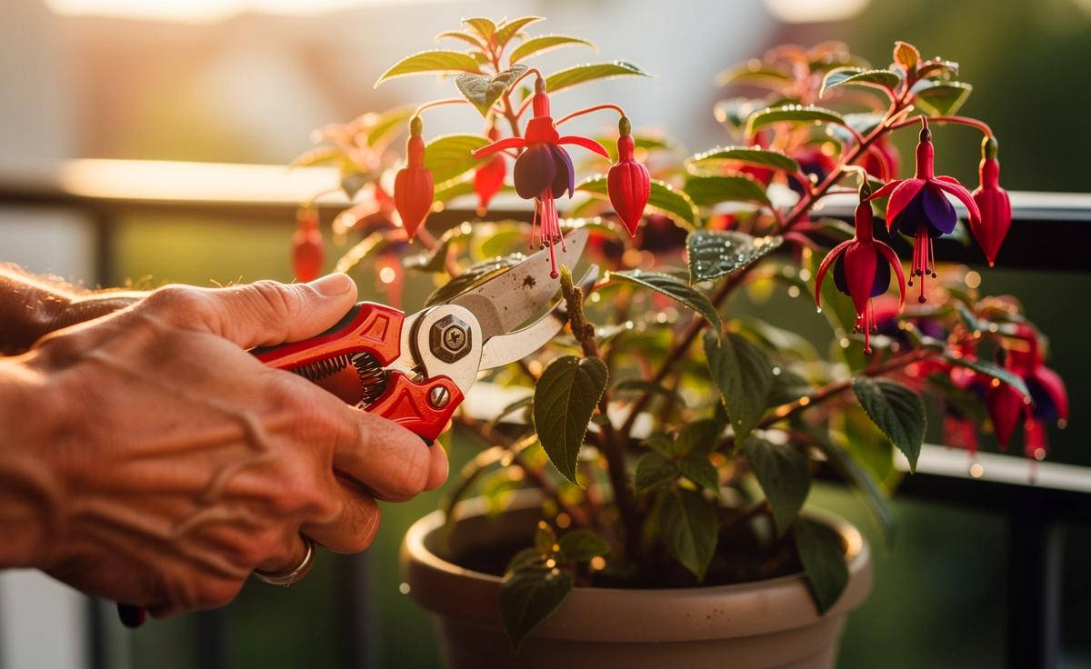 Illustration von Fuchsien beim fachgerechten Rückschnitt und Pinzieren für buschigen Wuchs und reiche Blütenpracht