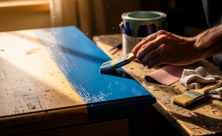 Illustration von einem Handwerker, der mit einem Pinsel eine frische Farbschicht auf ein angeschliffenes, altes Holzregal aufträgt, während daneben Werkzeuge wie Schleifpapier, Grundierung und ein Farbtopf bereitliegen.