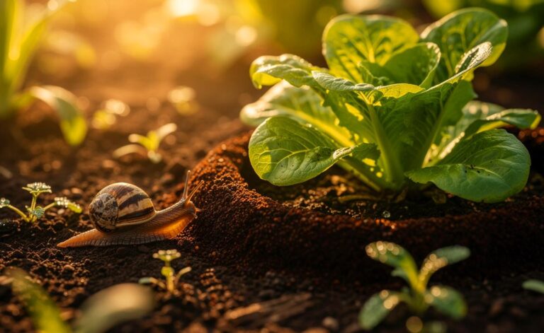 Illustration von einer Hand, die trockenen Kaffeesatz in einem geschlossenen Ring um junge Salatpflanzen in einem Hochbeet streut, während eine Schnecke am äußeren Rand der Barriere zur Umkehr gezwungen wird.