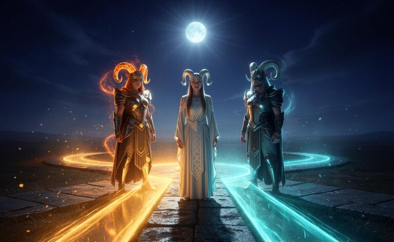 Illustration von Widder, Waage und Steinbock vor einem Nachthimmel mit einem plötzlichen, leuchtenden Neumond, der unerwartete Wege und Türen der Möglichkeiten erhellt.