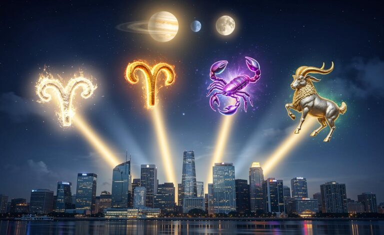 Illustration von vier Sternzeichen-Symbolen – Widder, Löwe, Skorpion und Steinbock – die von goldenen Energieflüssen und planetaren Konstellationen umgeben sind, während Jupiter und Venus am Himmel des 5. April 2026 strahlen.